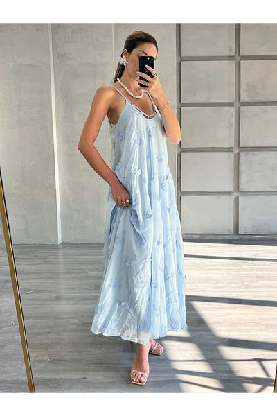 Coral Butterfly Embroidered Thin Strap Dress Blue