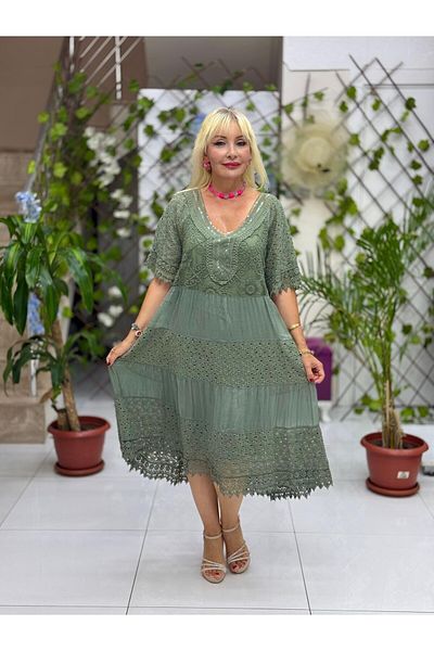 Punta Otantik Nc10938 Italian Sequin Half Sleeve Midi Silk Dress Green