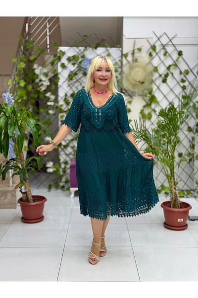 Punta Otantik Nc10938 Italian Sequin Half Sleeve Midi Silk Dress Bittergreen
