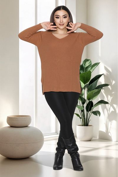 LocaMz Blue V-Neck Sleeve Detailed Knitted Sweater with Stones