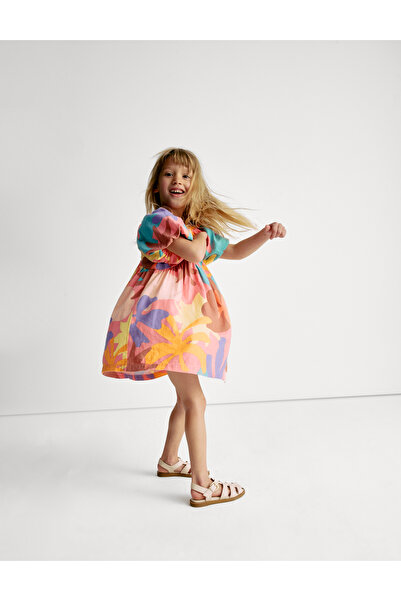 Marks & Spencer Desenli Kısa Kabarık Kollu Dokuma Elbise (2-8 Yaş)
