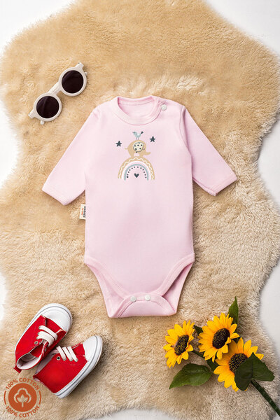 miniel organic Unisex %100 Organik Pamuklu Fil Baskılı 0-12 Ay 3Lü Uzun Kollu Bebek Body Zıbın Set
