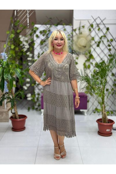 Punta Otantik Nc10938 Italian Sequin Half Sleeve Midi Silk Dress Mink
