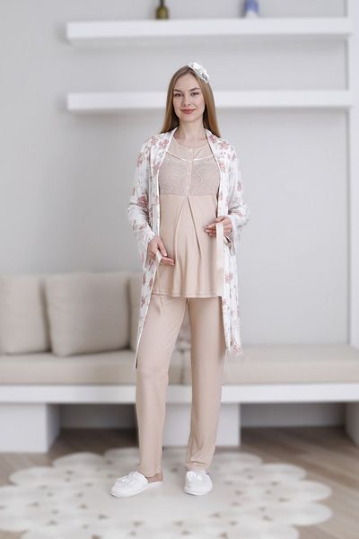 Lohussa Women's Mink Special Design Patterned Buttoned Lace Maternity Maternity Dressing Gown Pajama Set Set of 3