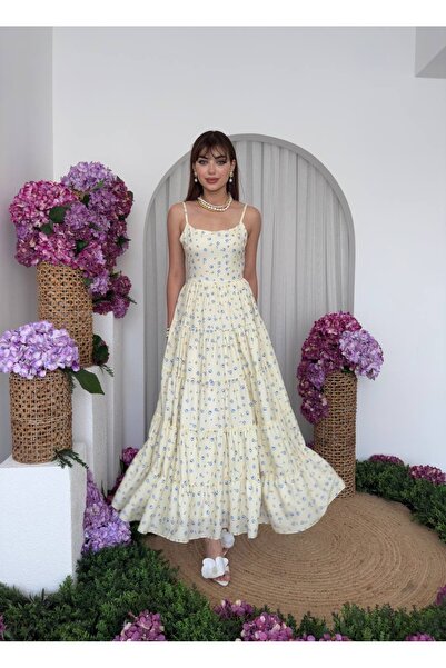 EtikaOnline Mersi İp Askılı Çiçek Detay Uzun Elbise