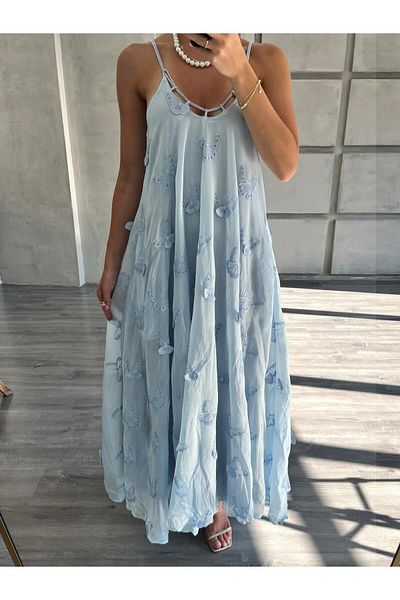 Coral Butterfly Embroidered Thin Strap Dress Blue