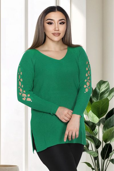 LocaMz Blue V-Neck Sleeve Detailed Knitted Sweater with Stones