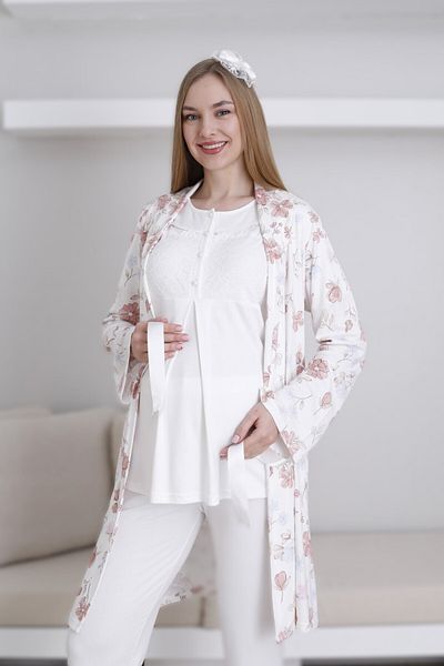 Lohussa Women's Ecru Special Design Patterned Buttoned Lace Maternity Maternity Dressing Gown Pajama Set Set of 3