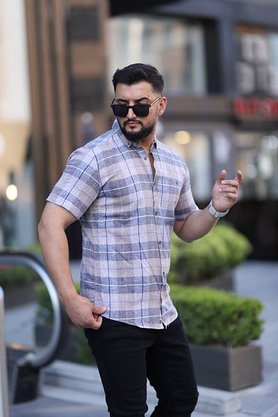 Klothy Men's Short Sleeve Slim Fit Checked Linen Shirt 2476