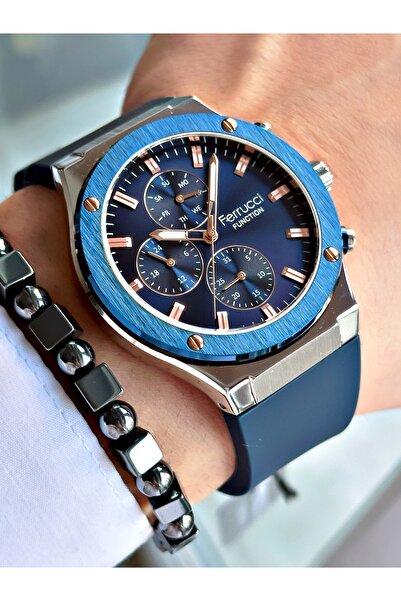 Ferrucci Function Navy Blue Dial Rose Number Navy Blue Silicone Men's Wrist W...