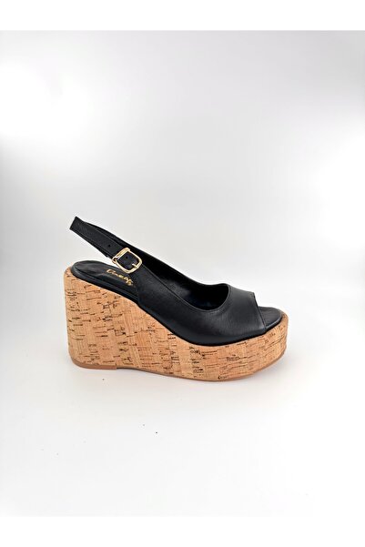 Desire Black Cork Wedge Heeled Shoes