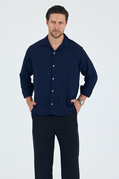 Trn JNS Токіо Синій Літній Аеробін Лляний Комфортний Крій Oversize Чоловіча Сорочка