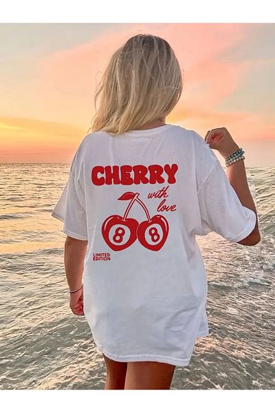 aynewmoda Tricou casual cu imprimeu cirese pentru femei, design „Cirese cu dragoste”, mâneci scurte, gât rotund