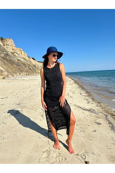 MERİCEY Women's Openwork Beach Dress with Lining and Slit Detail - Summer Casual Dress