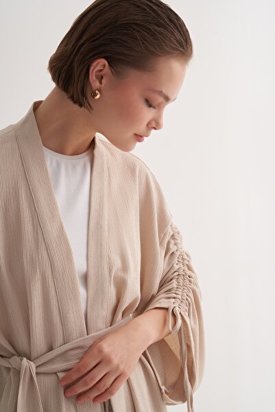 EBU Prive Women's Knitted Fabric Drawstring Detailed Kimono Suit Beige