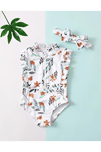 MODA Kız Çocuk Çiçek Desenli Fırfırlı Mayo ve Saç Bandı Seti – Fermuarlı, Yaz...