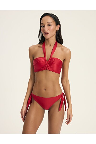 ESOTIQ Side Tie Bikini Bottom Low Waist Brief with Wide Straps Glossy Fabric | Truffle