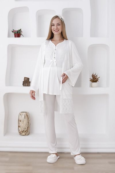 Lohussa Women's Ecru Special Design Buttoned Lace Maternity Maternity Dressing Gown Pajama Set Set of 3