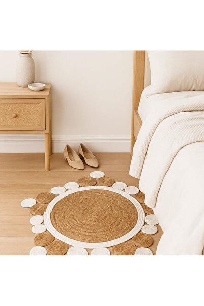 genric FFD Natural Jute and Fabric Round Rug, 95cm Diameter – Eco-Friendly Handwoven Carpet 120x120cm
