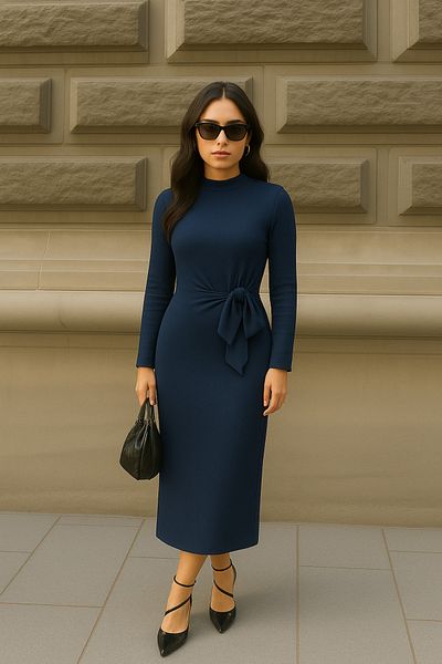 Machetta Women's Long Sleeve Side Tie Detail Turtleneck Slit Dress