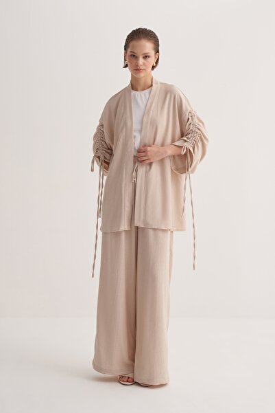 EBU Prive Women's Knitted Fabric Drawstring Detailed Kimono Suit Beige