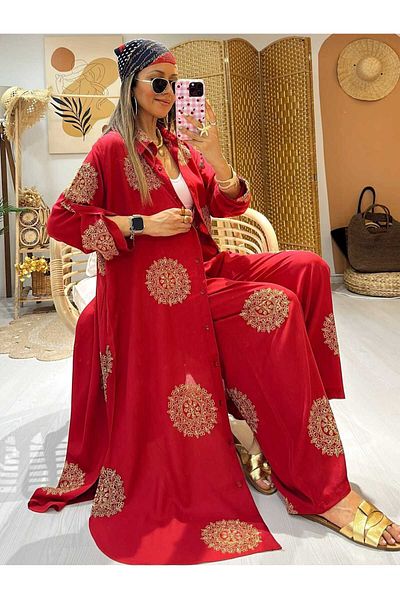 QUAWEAR Shirt Collar Gold Glitter Embroidered Long Tunic with Side Pockets and Trousers Double Suit