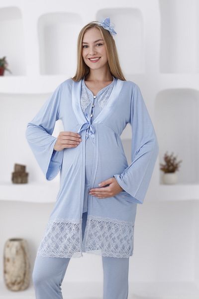 Lohussa Set de pijamale pentru femei, albastru, cu design special, cu nasturi, cu volan, pentru maternitate, pentru gravidă, set de 3 piese