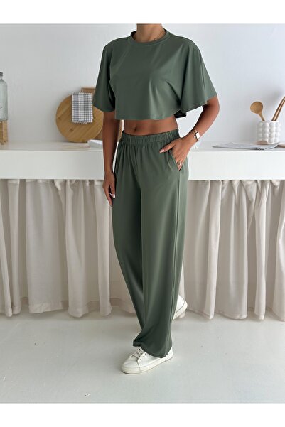 winmoda Summer Soft Textured Bottom Top Set / Top Bat Tshirt - Bottom Baggy Long Pants