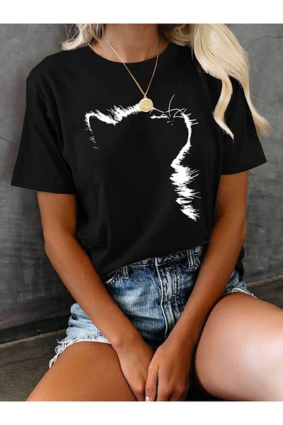 Pink Sky Unisex βαμβακερό μαύρο oversize μπλουζάκι με στάμπα "Cat Silhouette" με λαιμόκοψη