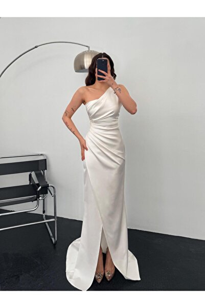 OYKUWEAR Layla Tek Omuz Detay Beyaz Abiye