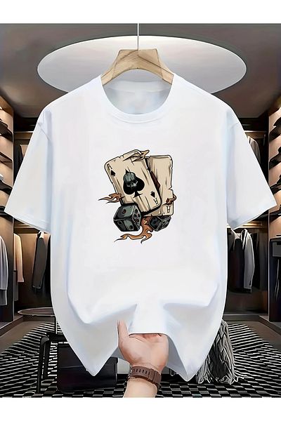 Pink Sky Unisex βαμβακερό λευκό oversize μπλουζάκι με στάμπα "Poker Card" με λαιμόκοψη