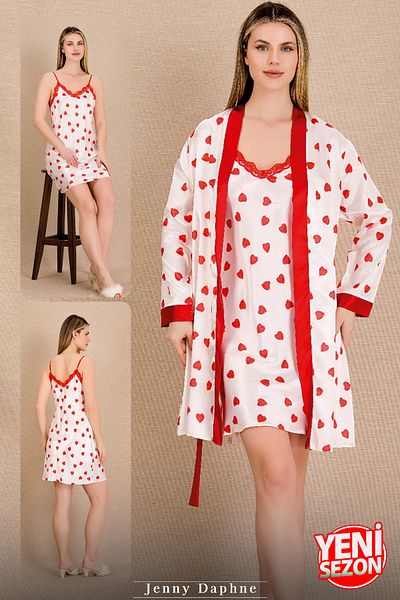 Jenny Daphne Satin Cream Heart Pattern Thin Strap Lace Nightgown and Long Sleeve 2-Piece Dressing Gown Set 15240