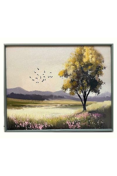 BLA BLA FOAM Lucrare mecanică pictată în ulei – Peisaj lacustru cu copac solitar, 50x40 cm, cu suport din aluminiu