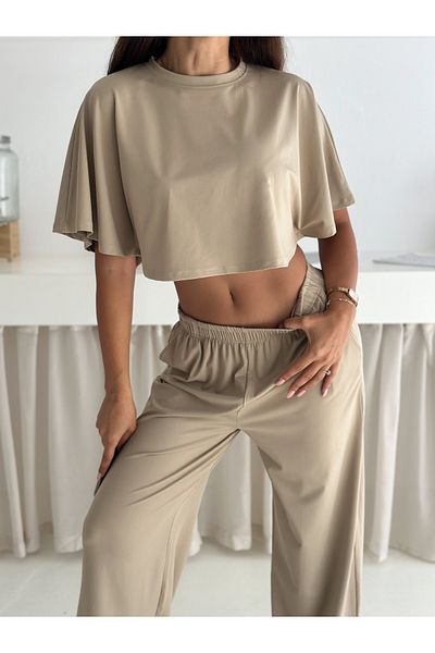 winmoda Summer Soft Textured Bottom Top Set / Top Bat Tshirt - Bottom Baggy Long Pants