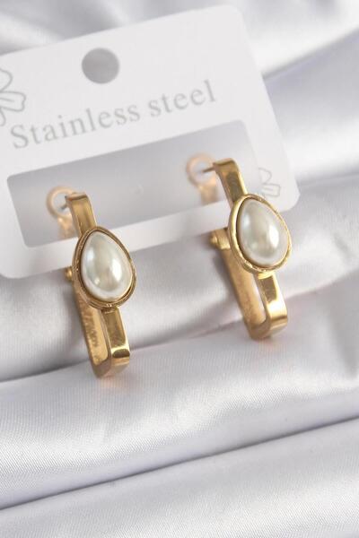 Atelier Pelin Gold Color Square Model Steel Earrings with Pearl Drop Figure