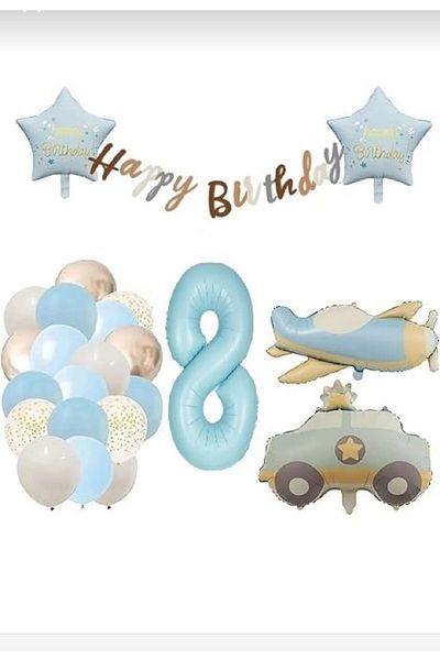 Laviyosa Plane Car Balloon Blue Age Foil Balloon Retro Birthday Party Set Decoration
