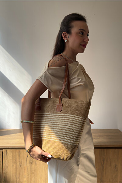 Mupa Shoes Women's Straw Hand and Shoulder Bag Camel Straw Beige Striped