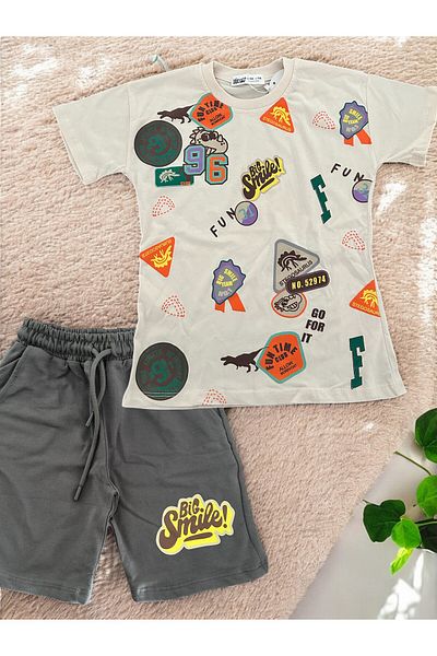 Patriko Boy's Dinosaur Detailed Emblem Printed New Season Bottom Top Shorts Tshirt Set