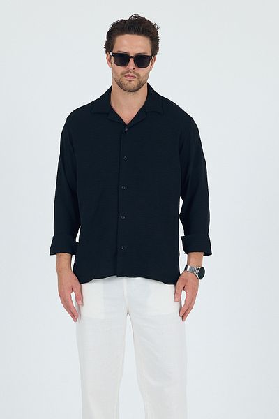 Trn JNS Black Summer Aerobin Linen Textured Comfortable Fit Oversize Men's Shirt