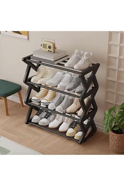 genric FFD Black Plastic Shoe Rack, 4‑Tier – Easy No‑Tool Assembly, Sturdy Entryway/Bedroom Organizer