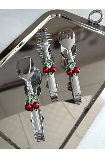 Şahane Home 3-Piece Silver Cherry Tongs Tkebt Single Color