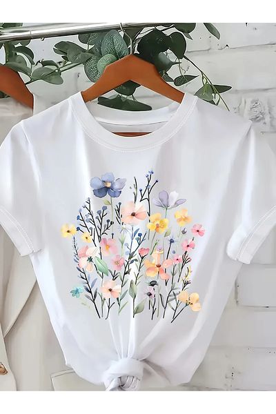 Pink Sky Unisex βαμβακερό λευκό oversize μπλουζάκι με στάμπα "Colorful Flower" με λαιμόκοψη
