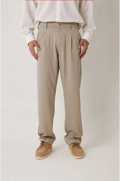 Fandr Store Beige Men's Pleated Elastic Waist Baggy Fit Fabric Trousers