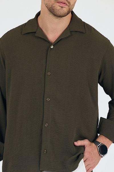 Trn JNS Tokyo Khaki Summer Aerobin Linen Textured Comfortable Fit Oversize Men's Shirt