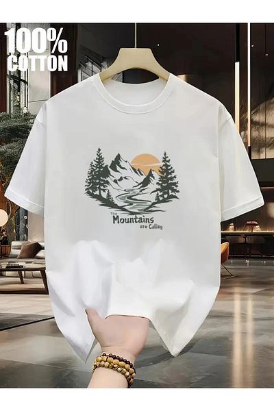 Pink Sky Unisex βαμβακερό μαύρο oversize μπλουζάκι με στάμπα "The Mountains" με λαιμόκοψη