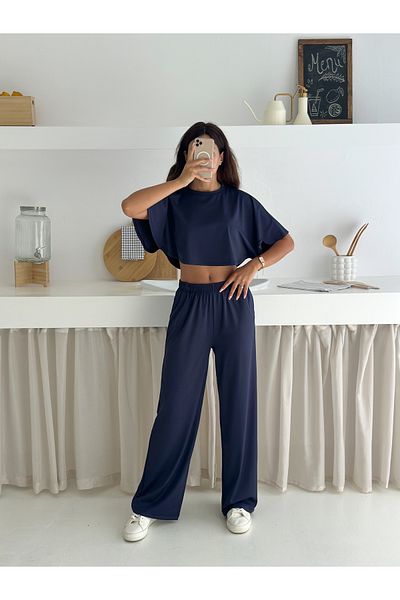 winmoda Summer Soft Textured Bottom Top Set / Top Bat Tshirt - Bottom Baggy Long Pants