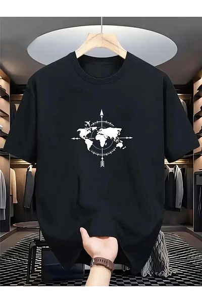 Pink Sky Unisex βαμβακερό μαύρο oversize "World Map and Compass" με στάμπα με λαιμόκοψη casual μπλουζάκι