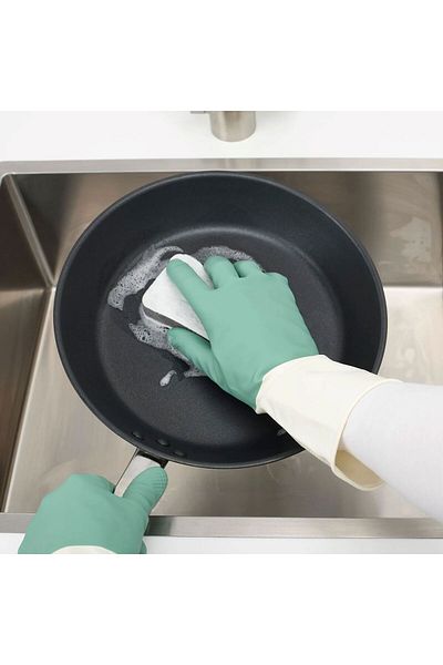 HOLLYHOME General Cleaning and Dishwashing Gloves, Green-Tinted Off-White Gloves, M, 2 Pcs
