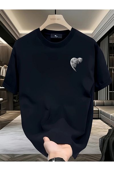 Pink Sky Unisex βαμβακερό μαύρο oversize μπλουζάκι με στάμπα "Heart" με λαιμόκοψη