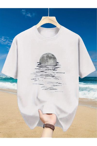 Pink Sky Unisex βαμβακερό μαύρο oversize μπλουζάκι με στάμπα "Moon and Sea" με λαιμόκοψη
